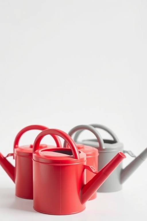 three watering cans in shades of red and gray, centered in a bright white background, captured with a Canon EOS R5, 50mm lens, f/2.8 aperture, 1/125 sec shutter speed, ISO 200, natural light, shallow depth of field