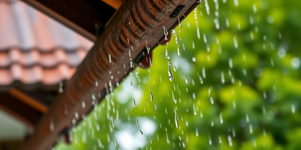 A close-up shot of rain falling from a rustic roof, with vibrant green trees blurred in the background, captured at f/2.8, ISO 200, 1/500 sec, using a DSLR camera in portrait orientation with natural light for enhanced image quality.
