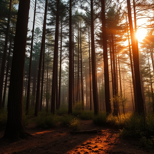 Create a high-resolution image of a serene forest landscape during golden hour with soft sunlight filtering through the trees, using a Canon EOS R5 camera with a 24-70mm f/2.8 lens, set at ISO 100, aperture f/4, shutter speed 1/125s, taken from a low angle view for a dramatic effect.