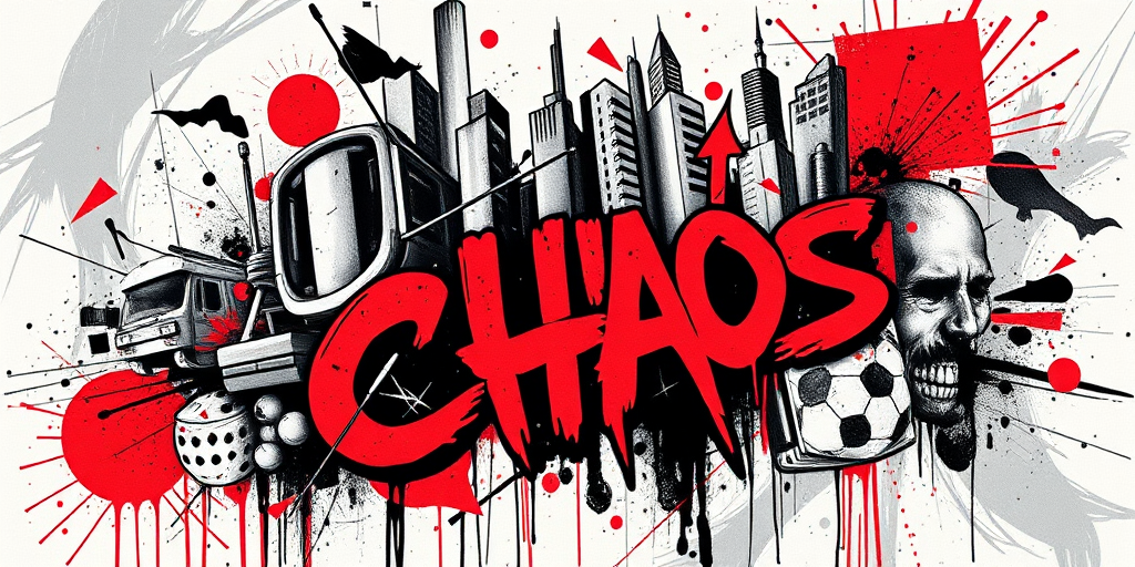 Trash polka tattoo called "Urban Chaos" combining realistic black and gray elements with abstract red accents and typography in a bold chaotic composition inspired by street art