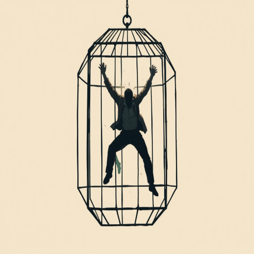 Create a high-resolution illustration of a figure breaking free from a geometric cage, using a Canon EOS R5 with a 50mm lens, set to f/2.8, ISO 100, and a shutter speed of 1/250s, in a dramatic portrait style against a plain background for emphasis on the subject.