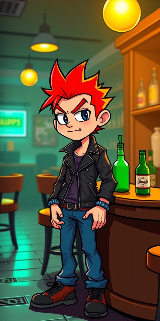 Create a high-resolution cartoon image of a punk character with red spiked hair wearing a leather jacket and blue jeans standing by a bar table with a green bottle, captured with a DSLR camera at f/2.8, 1/200s, ISO 100, wide-angle lens, in a vibrant, animated style.