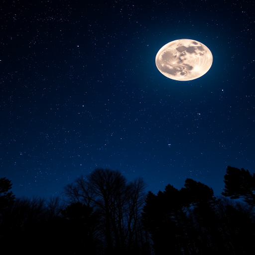 create a vivid night landscape featuring a large full moon in a starry sky above silhouetted trees, using a DSLR camera, f/2.8 aperture, ISO 800, 30-second exposure, wide-angle view for a dramatic effect, and an HDR style for enhanced detail and color contrast