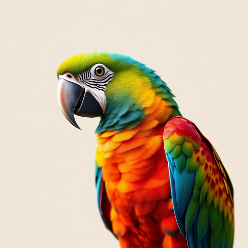 Create a high-resolution vector illustration of a colorful macaw parrot with vibrant green, blue, orange, and red feathers, set against a neutral background, using a Canon EOS R5 with an 85mm f/1.2 lens, aperture set to f/2.8 for a slight bokeh effect, and a soft light source to enhance details and colors.