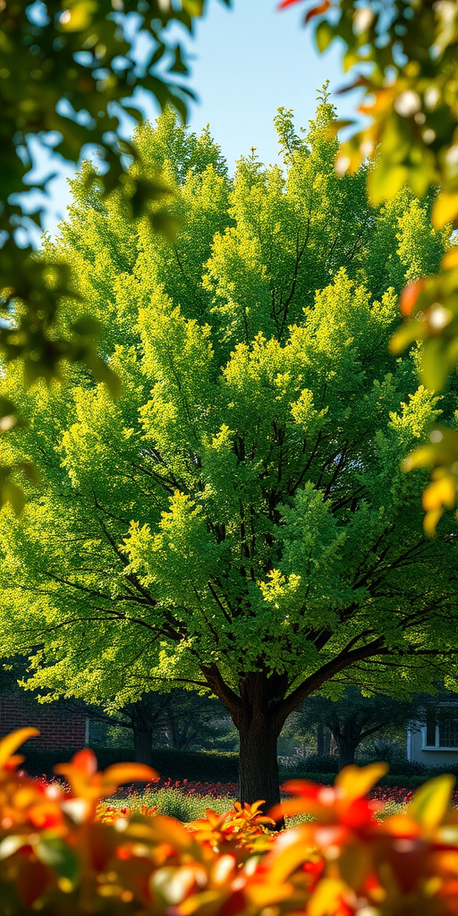 create a highly detailed illustration of a lush green tree in a vibrant setting with colorful foliage, captured through a Canon EOS R5 with an 85mm f/1.2 lens, using a shallow depth of field, natural lighting, and a low angle perspective to enhance clarity and texture.