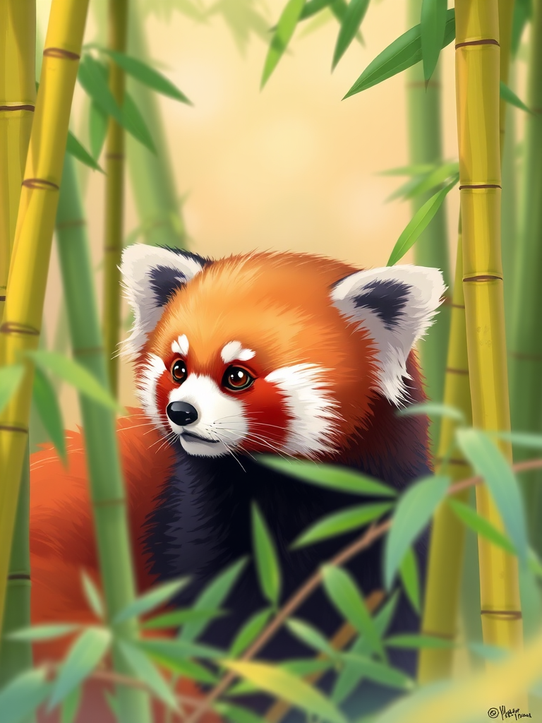 Create an illustration of a red panda sitting among bamboo, with vibrant colors and a soft background blur, using a digital art style, a high-resolution canvas, and a 300 DPI setting.