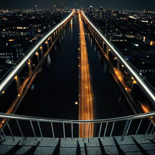 night dark, natural lighting, bridge focus, CandiBRIDGE, no humans, bridge, railing, city lights, cityscape, from above, negative space, intricately detailed illustration, depth of field, atmospheric perspective