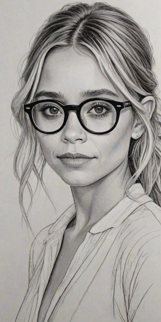 Stunning Ashley Olsen, pencil sketch, portrait of Stunning woman 1969s in glasses, hair style beatnik, outline, clear lines, fine lines, 8k