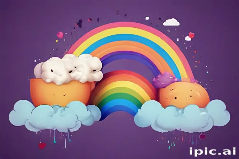 Whimsical Clouds and Colorful Rainbow Overplayful Orange Characters on ...
