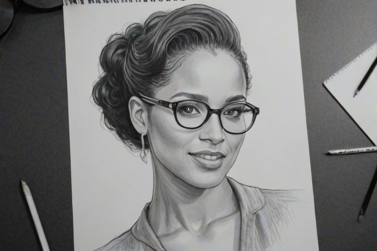 Splendid Alicia Keys, pencil sketch, portrait of Superb woman 1932s in glasses, hair style beatnik, outline, clear lines, fine lines, 8k