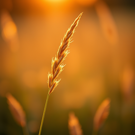 create a close-up of a delicate grass stalk with backlighting during golden hour, shallow depth of field, ISO 100, f/2.8, 1/200s, 85mm lens, DSLR camera, soft bokeh background
