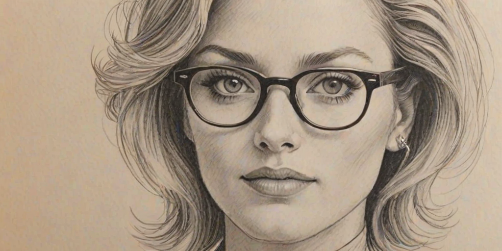 Alluring Jessica Cauffiel, pencil sketch, portrait of Exquisite woman 1977s in glasses, hair style beatnik, outline, clear lines, fine lines, 8k