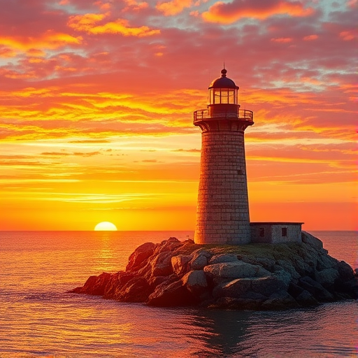 Generate an image of a tall lighthouse perched on a rocky outcrop surrounded by calm ocean waters during a breathtaking sunset. The lighthouse stands sturdy and weathered, its stone surface illuminated by the warm golden light of the setting sun. The sun's rays pass directly through the glass lantern room at the top of the lighthouse, casting a brilliant light across the scene. The sky is painted with vibrant shades of orange, pink, and purple, reflecting off the tranquil sea. The surrounding water shimmers with the same warm hues, creating a serene and majestic atmosphere.