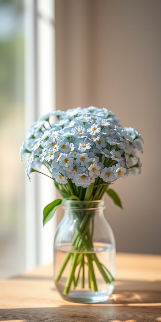 still life of a bouquet of forget-me-nots in a clear glass vase with soft natural light, shallow depth of field, aperture f/2.8, ISO 100, 50mm lens, soft focus background, high dynamic range imaging, DSLR