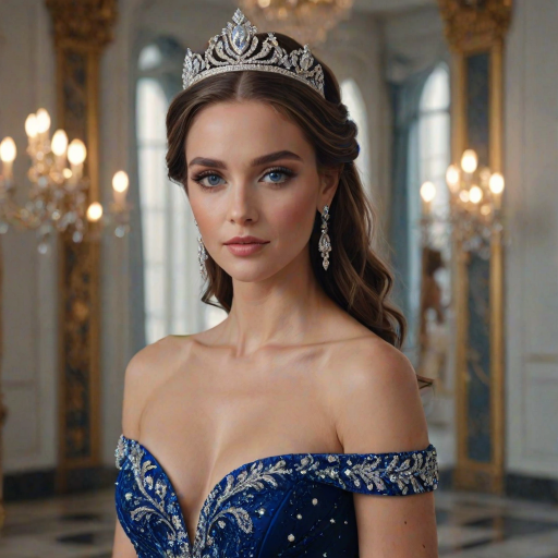 A gorgeous woman in a luxurious blue gown, accessorized with a dazzling tiara and statement earrings, her deep blue eyes highlighted by impeccable makeup, poised in a royal setting, photorealistic, 8K quality