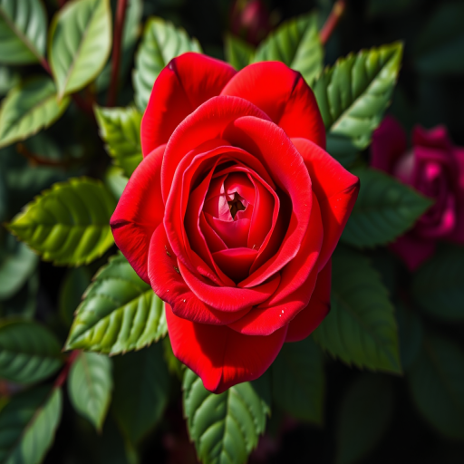 Create a vibrant digital illustration of a red rose with detailed petals and lush green leaves in a top-down view, using a Canon EOS R5 camera with a 50mm f/1.8 lens, aperture set to f/2.8 for a shallow depth of field, and bright, diffused lighting for enhanced colors and contrast.