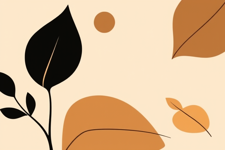 create an abstract illustration of organic shapes featuring a black leaf motif, warm earthy tones like browns and tans on a light beige background, shot with a DSLR camera at 50mm focal length, aperture f/2.8, natural light, focus on sharpness and color saturation