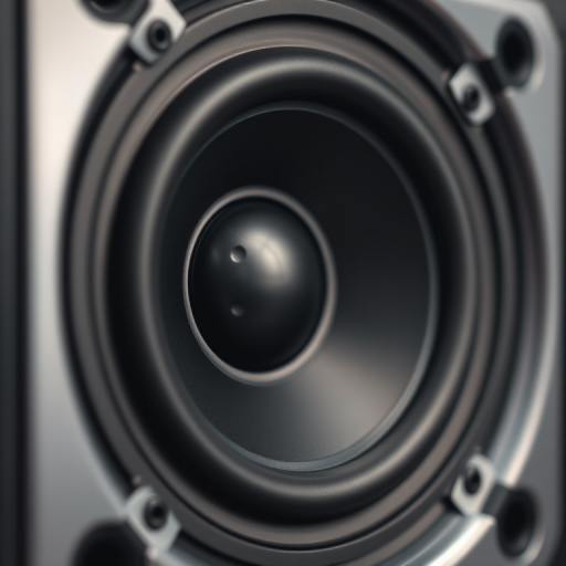 Create a high-resolution image of a speaker with a black cone and metallic silver frame, captured in a close-up view, using a DSLR camera at f/2.8 aperture, ISO 100, and 50mm lens, with soft diffused lighting to enhance detail and depth.