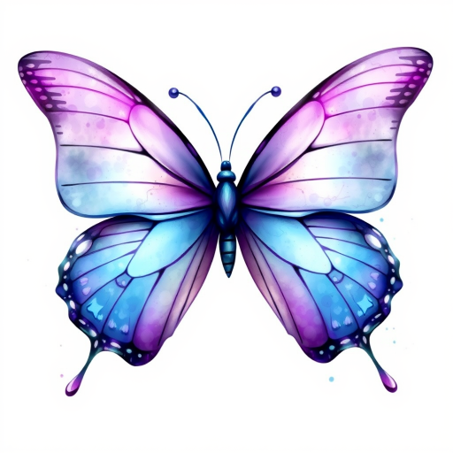 Create an artistic illustration of a butterfly with large wings. The wings should be a blend of vibrant purple and blue hues, featuring delicate swirls and splashes of watercolor effects. The background should be soft and light, enhancing the ethereal quality of the butterfly.