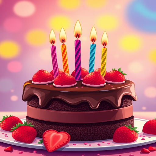 Create a high-resolution illustration of a chocolate cake decorated with strawberries and colorful candles, using a 50mm lens, f/1.8 aperture, ISO 100, with a soft-focus background in a bright and colorful style.