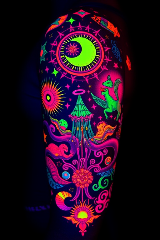 Vibrant neon UV tattoo named "Electric Dreams" featuring fluorescent ink that glows brightly under blacklight, depicting a psychedelic landscape of swirling patterns, geometric shapes, and fantastical creatures that come to life in the dark, perfect for those seeking a hidden dimension to their body art