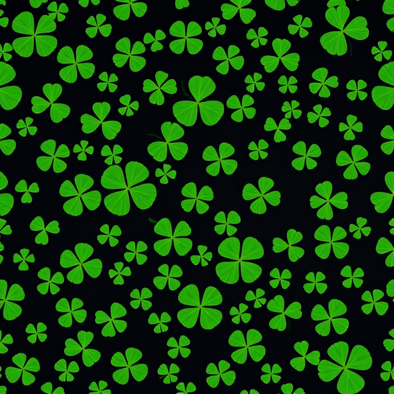 Create a seamless pattern of small green clovers on a black background, shot with a Canon EOS 5D Mark IV, using a 50mm f/1.8 lens, at ISO 100, aperture f/4, and a shutter speed of 1/125s for enhanced clarity and detail.