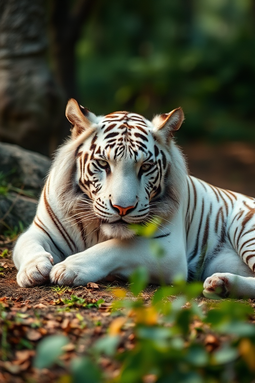 white tiger resting in a natural setting with soft focus, captured with a DSLR camera using a 50mm lens, f/2.8 aperture, ISO 200, 1/250 sec shutter speed, in natural light conditions