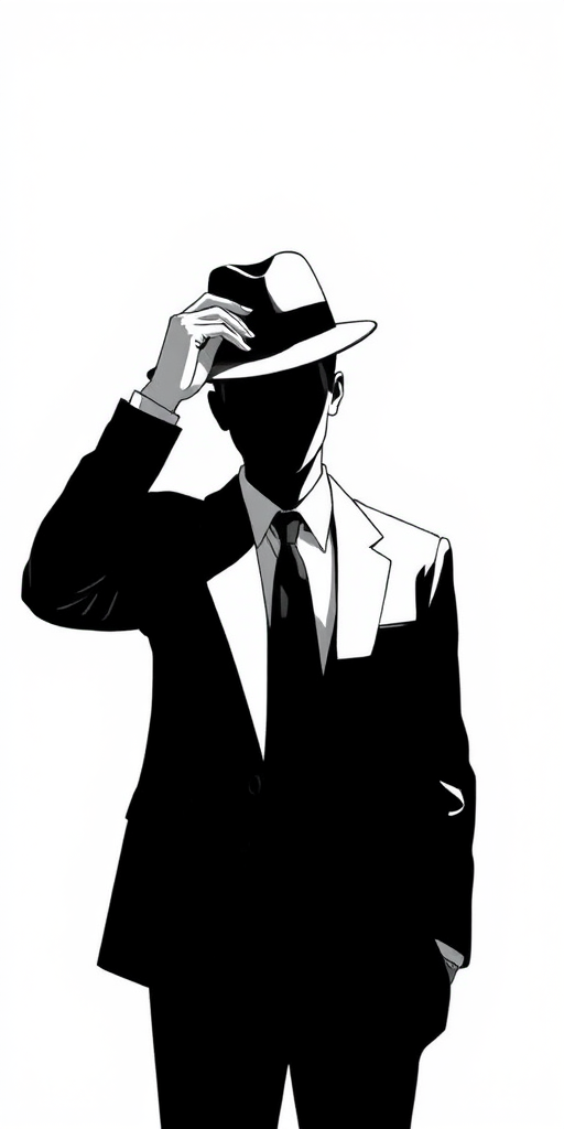 Create a minimalistic black and white illustration of a faceless man in a suit tipping a hat, with a spotlight effect shining from the head area, using a Canon EOS R5 with a 50mm lens, aperture f/1.8, ISO 200, in a high-contrast style to enhance details.