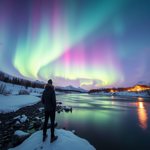 a person standing by a calm river under a vibrant aurora borealis in a snowy landscape, capturing the ethereal glow of the lights and reflections in the water, using a Canon EOS R5 with a 24mm f/1.4 lens, aperture set to f/2.8, ISO 800, shutter speed 1/60 sec, shot during twilight for enhanced colors and contrast, long exposure style to capture motion in the skies and smooth water reflections