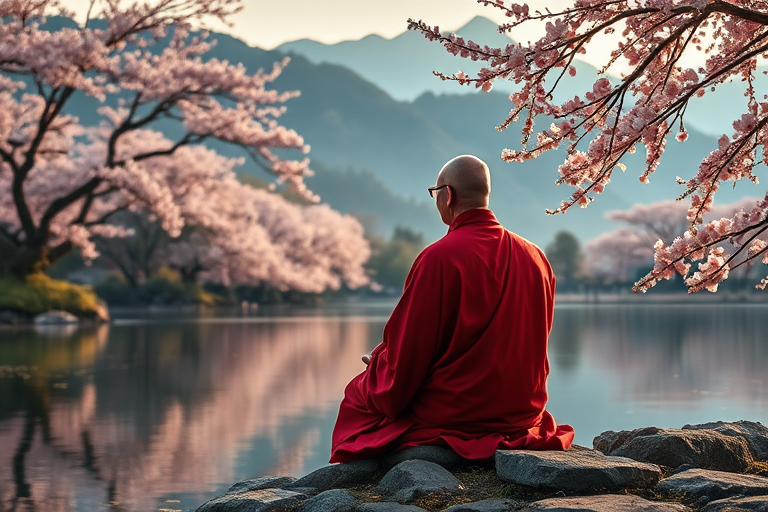 A serene scene of a wise monk in red robes meditating by a tranquil pond surrounded by blooming cherry blossom trees and mystical mountains, with soft golden lights reflected on the water, shot with a Canon EOS R5, 50mm lens, f/1.8 aperture, ISO 100, natural lighting, high dynamic range for enhanced detail.