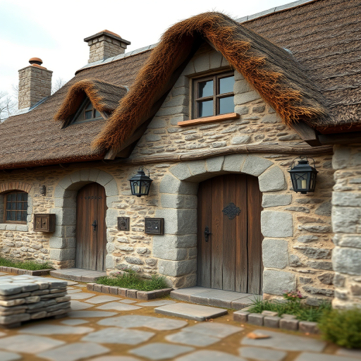 Create a detailed 3D rendering of an old stone cottage with a rustic design, featuring a thatched roof, wooden doors, and vintage lanterns, captured with a DSLR camera at f/8 aperture, ISO 100, 24mm focal length, in natural daylight with a slight overcast sky, using a wide-angle lens to enhance depth and clarity.