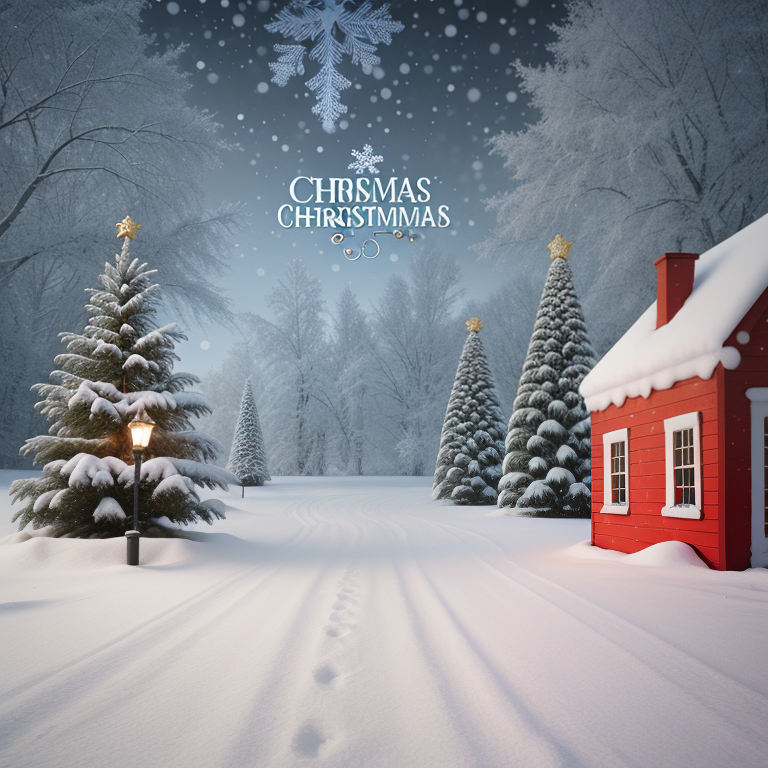 A Charming Winter Wonderland Scene with Snowy Trees and a Cozy Cottage
