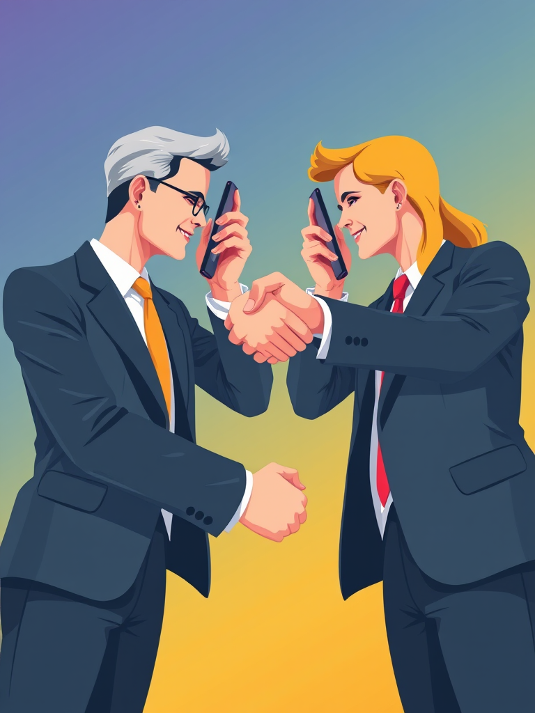Create a detailed digital illustration of two business professionals shaking hands through their smartphone screens, vibrant colors, flat design style, high resolution, f/8 aperture, ISO 100, 50mm lens, shot from eye level.