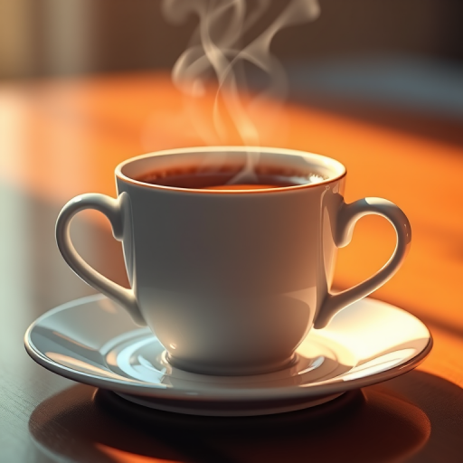 Generate a high-resolution digital illustration of a steaming coffee cup on a saucer, emphasizing a warm color palette, with a focus on realistic textures and reflections, using 50mm lens, f/1.8 aperture, ISO 100, and a shallow depth of field, captured in soft natural lighting.