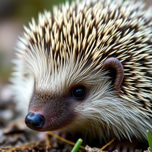 A highly detailed close-up of a hedgehog with intricate quills and lifelike textures, shot with a DSLR camera at f/2.8 aperture, ISO 100, 50mm lens, natural light, shallow depth of field for a blurred background to enhance subject focus.