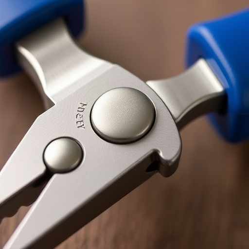 Create a highly detailed, realistic image of a pair of pliers with a shiny metallic finish and blue rubber grips, using a macro lens at f/2.8, 1/125 sec shutter speed, ISO 100, top-down view with soft lighting to enhance depth and detail.