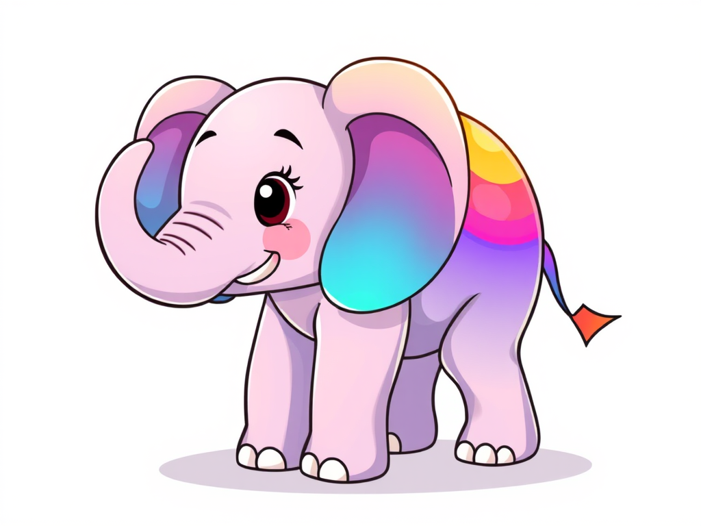 Create a bright and colorful illustration of a cartoon elephant with a gradient rainbow design on a clean white background, using a digital art style, with soft shading and outlines, captured from a slight low-angle view to enhance its character and presence.