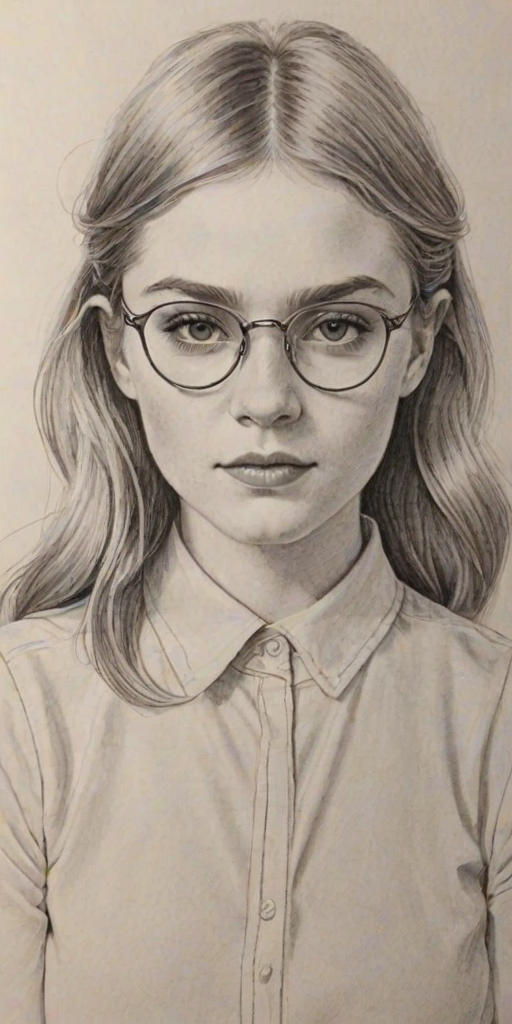 Graceful Elsie Fisher, pencil sketch, portrait of Resplendent woman 1973s in glasses, hair style beatnik, outline, clear lines, fine lines, 8k
