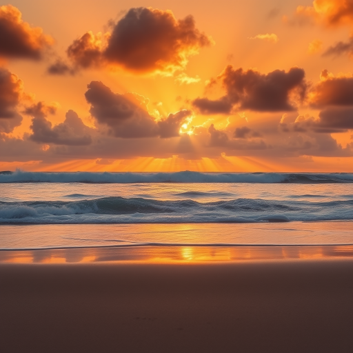 capture a dramatic sunset over the ocean with golden rays peeking through clouds, smooth waves reflecting light, foreground of wet sand, settings: ISO 100, f/11, shutter speed 1/125s, view: wide-angle, style: landscape photography, camera type: DSLR