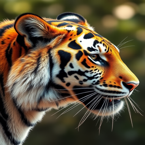 Create a high-resolution watercolor painting of a tiger's head in profile with intricate details, using a Canon EOS R5, ISO 100, f/8, 1/250s, natural light, shallow depth of field, and a soft focus background to enhance the tiger's features and colors.