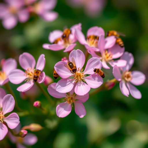 macro shot of pink flowers with bees buzzing around, shallow depth of field, f/2.8 aperture, 1/250s shutter speed, ISO 200, taken with a DSLR camera using a 100mm macro lens, natural lighting