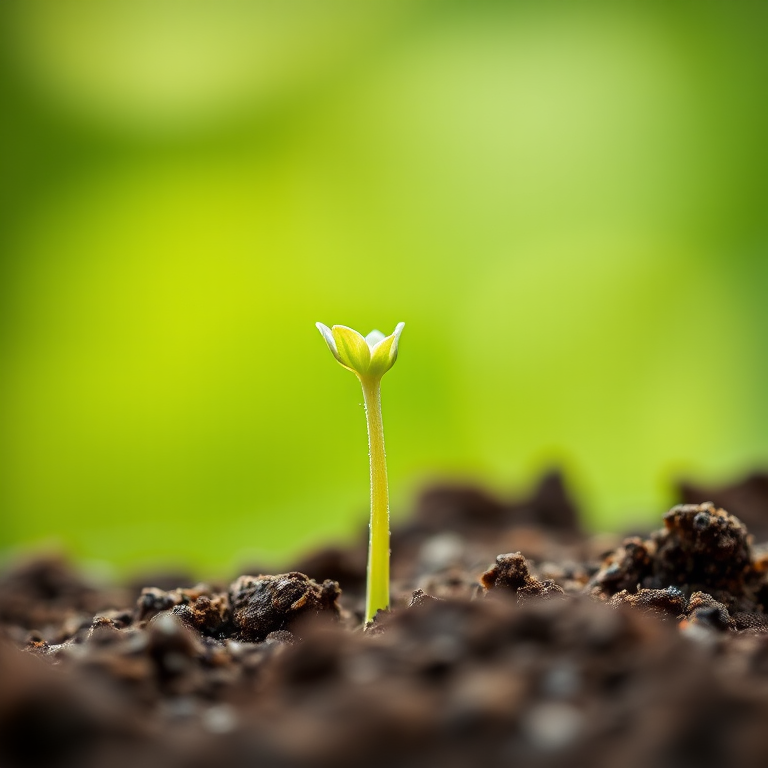 Close-up of a young green plant sprouting from soil with a softly blurred green background, shot with a DSLR camera at f/2.8 aperture, ISO 100, 50mm lens to enhance depth of field and clarity.
