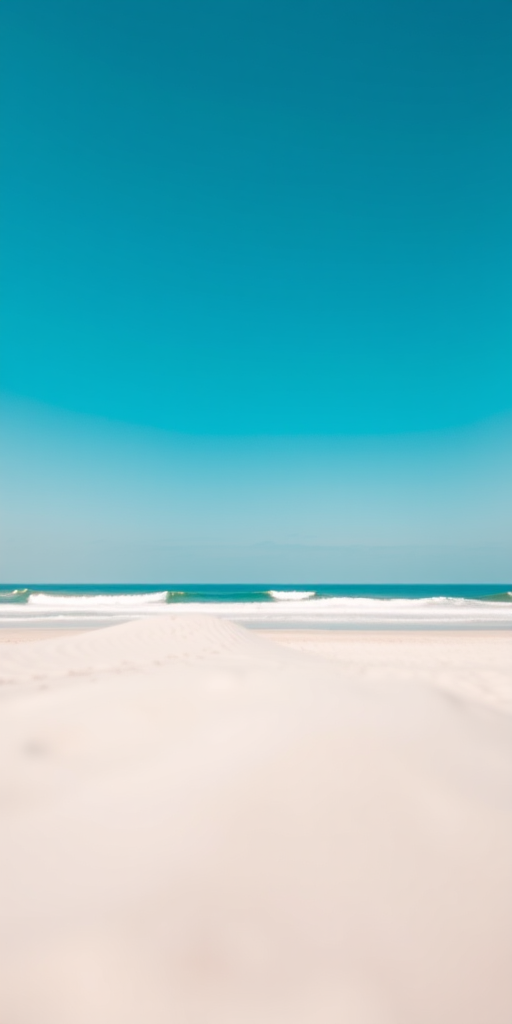 Generate a high-quality image of a bright blue sky above a serene beach scene, focusing on soft sand and distant waves, using a DSLR camera with a 50mm lens at f/2.8, ISO 100, and a shutter speed of 1/200s, capturing a clear and vibrant view in landscape orientation for enhanced detail and depth.