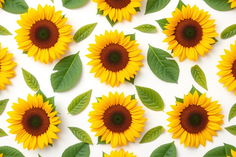 Create a seamless pattern of sunflowers and green leaves on a white background with a Canon EOS R5 camera, 50mm lens, f/8 aperture, ISO 100, and a top-down flat lay view.