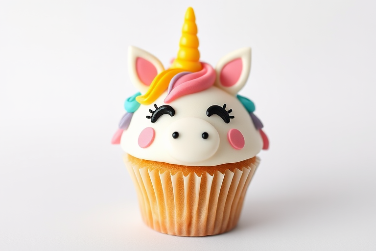 Create a cute, cartoonish unicorn cupcake with a smiling face, shot in high resolution using a Canon EOS 5D Mark IV, f/2.8 aperture, 50mm lens, natural light, and a clean white background for clarity.