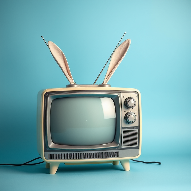 Generate a vintage television set with rabbit ears on a solid pastel blue background, use a 50mm lens, f/2.8 aperture, ISO 100, and a slight vignette effect for a soft focus.