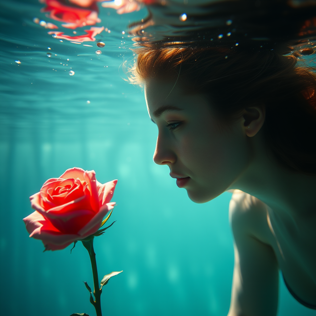 A woman underwater, gazing at a rose Her face is reflected in the water's surface The scene is illuminated by sunlight filtering through the water The atmosphere is serene and contemplative