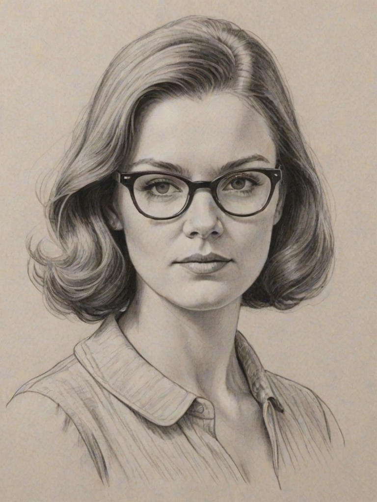 Elegant Jessica Hynes, pencil sketch, portrait of Comely woman 1963s in glasses, hair style beatnik, outline, clear lines, fine lines, 8k
