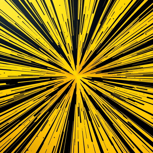 create a dynamic explosion effect featuring black sharp lines radiating from a central point on a vibrant yellow background, use a DSLR camera, set aperture to f/8, ISO 100, shutter speed 1/200s, capture in wide-angle lens style for enhanced depth and clarity