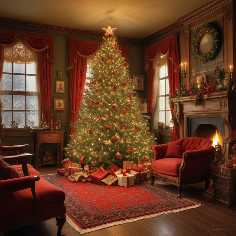 A Cozy Christmas Living Room Decorated with a Beautiful Tree and Gifts.